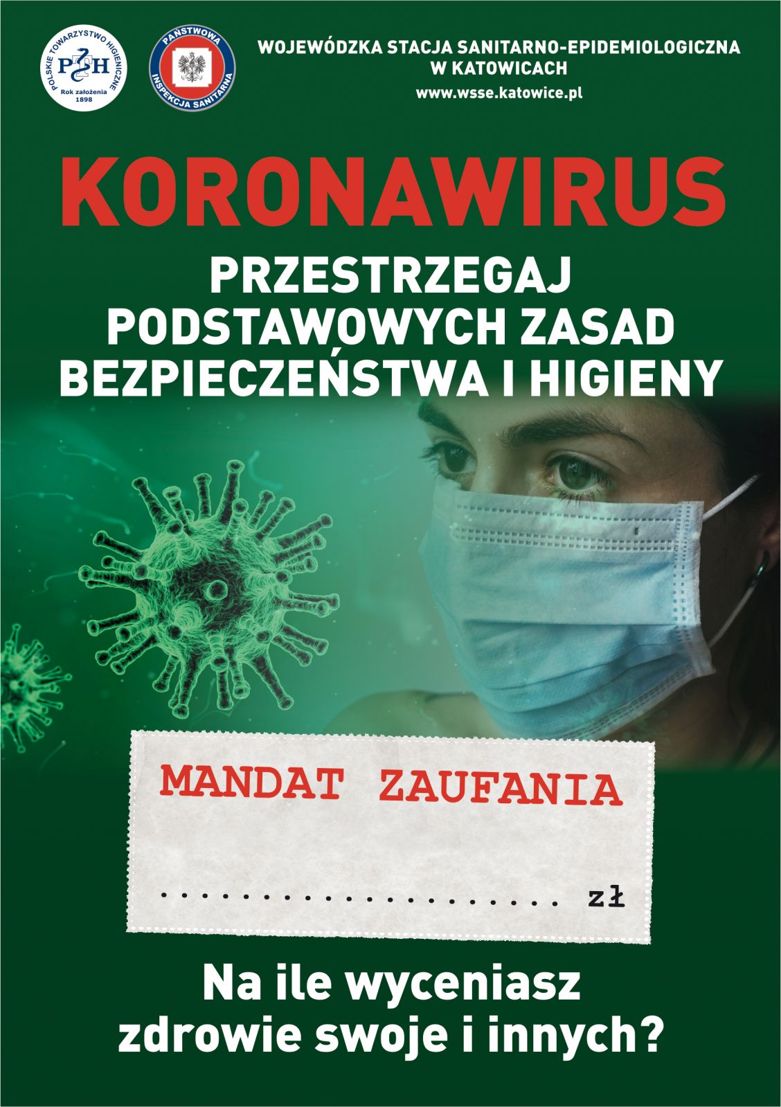 Ulotka pod hasłem Koronawirus. Przestrzegaj podstawowych zasad bezpieczeństwa i higieny