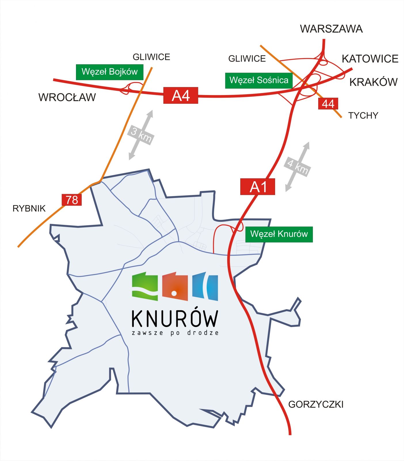 Granice Miasta Knurów z zaznaczeniem najważniejszych dróg