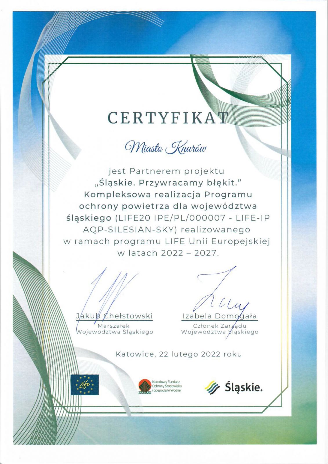 Certyfikat udziału w Programie Śląskie Przywracamy Błękit 